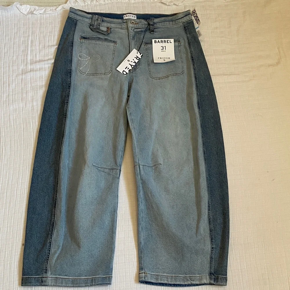 FRAYED Two-Tone Light Blue and Dark Blue Relaxed Barrel  Jeans 99% Cotton